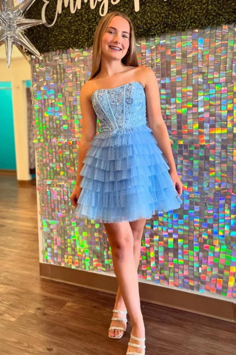 A-Line Strapless Light Blue Ruffle Tiered Tulle Short Homecoimg Dresses VK24083108