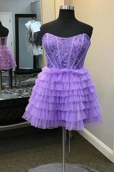 A-Line Strapless Light Blue Ruffle Tiered Tulle Short Homecoimg Dresses VK24083108