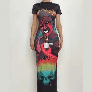 Abstract short sleeve backless contrast midi dress
