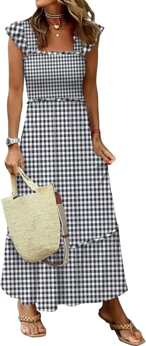 ANRABESS Womens Summer Sleeveless Maxi Dress Square Neck Smocked Boho Casual Ruffle Strap Flowy A-Line Long Beach Sundress
