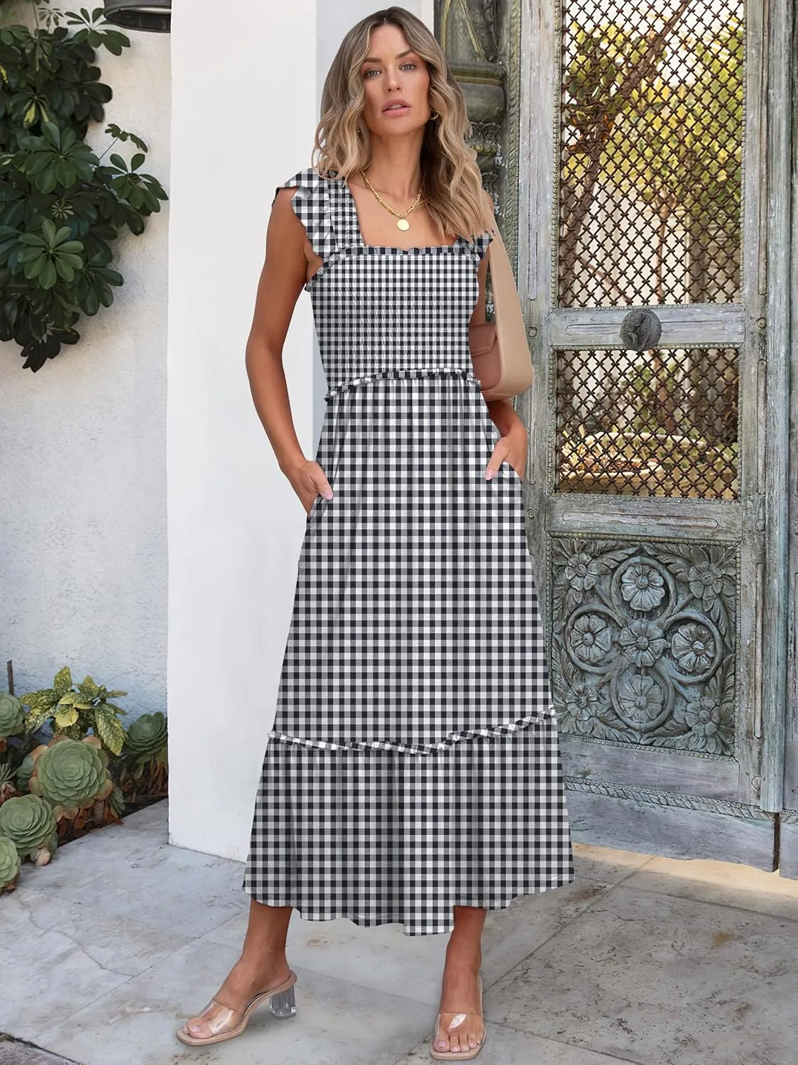 ANRABESS Womens Summer Sleeveless Maxi Dress Square Neck Smocked Boho Casual Ruffle Strap Flowy A-Line Long Beach Sundress