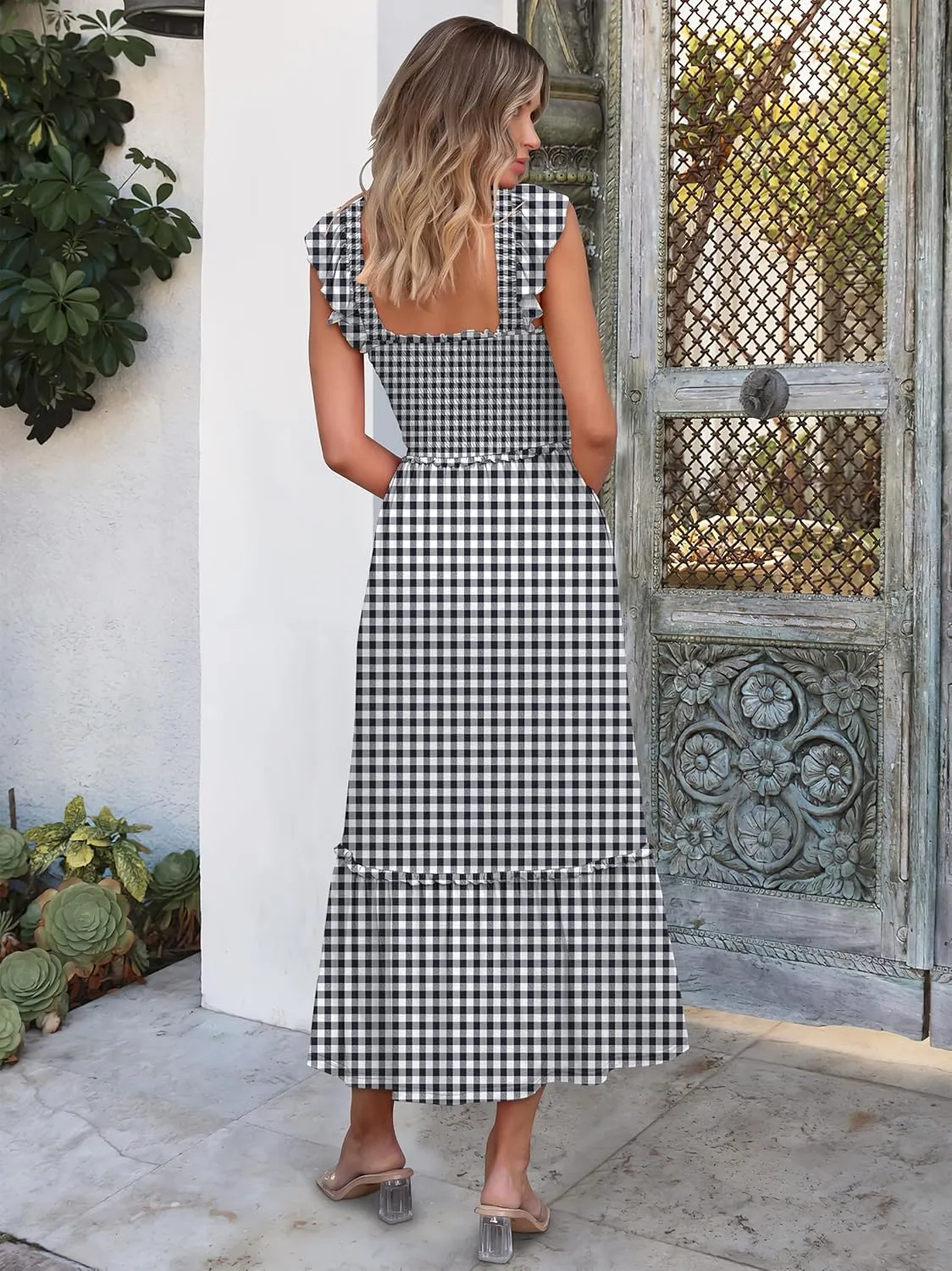 ANRABESS Womens Summer Sleeveless Maxi Dress Square Neck Smocked Boho Casual Ruffle Strap Flowy A-Line Long Beach Sundress