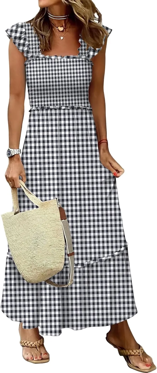 ANRABESS Womens Summer Sleeveless Maxi Dress Square Neck Smocked Boho Casual Ruffle Strap Flowy A-Line Long Beach Sundress