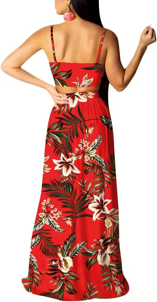 Aro Lora Women's Sexy V Neck Floral Printed Side Slit Two-Piece Maxi Dress