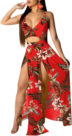 Aro Lora Women's Sexy V Neck Floral Printed Side Slit Two-Piece Maxi Dress