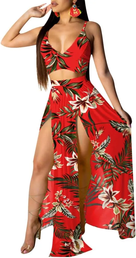 Aro Lora Women's Sexy V Neck Floral Printed Side Slit Two-Piece Maxi Dress