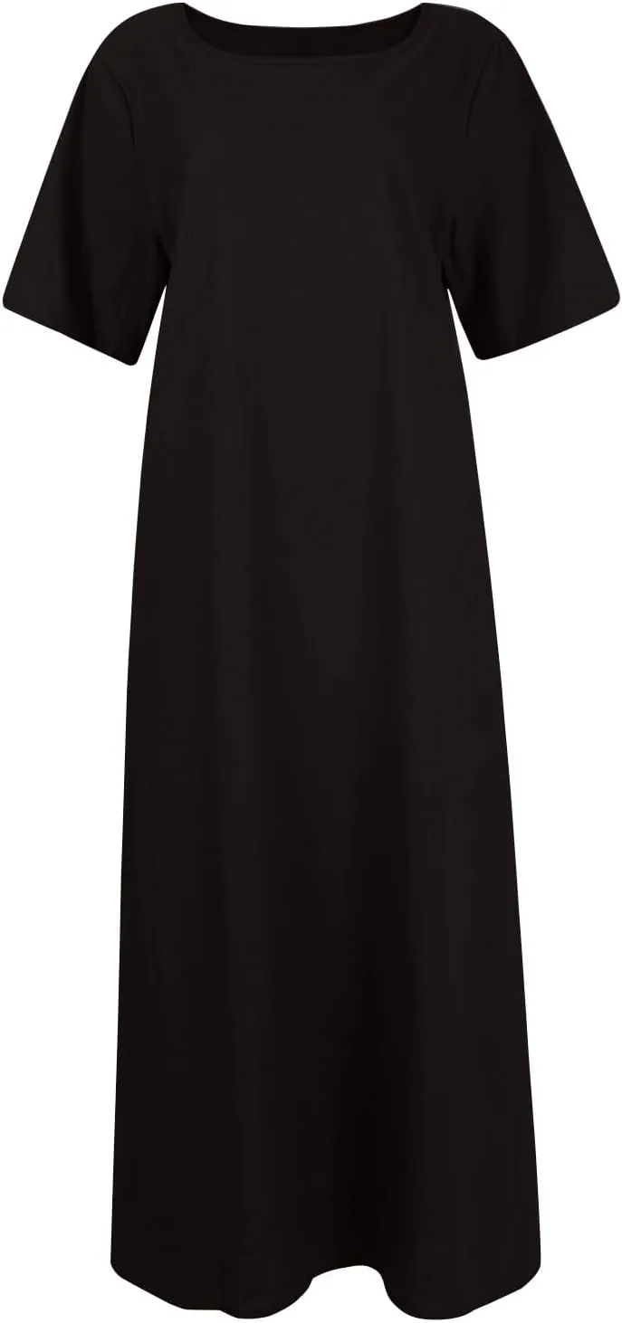 Cotton Linen Maxi Tshirt Dress Women Side Slit Short Sleeve Crew Neck Casual T Shirt Dress Comfy Long Dress