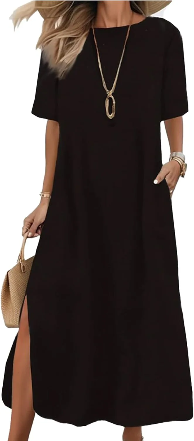 Cotton Linen Maxi Tshirt Dress Women Side Slit Short Sleeve Crew Neck Casual T Shirt Dress Comfy Long Dress
