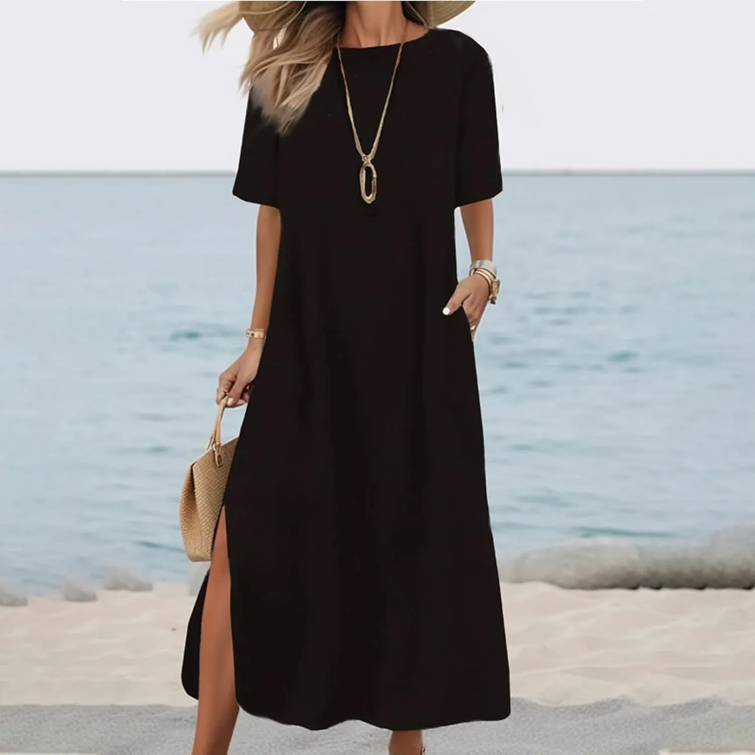 Cotton Linen Maxi Tshirt Dress Women Side Slit Short Sleeve Crew Neck Casual T Shirt Dress Comfy Long Dress