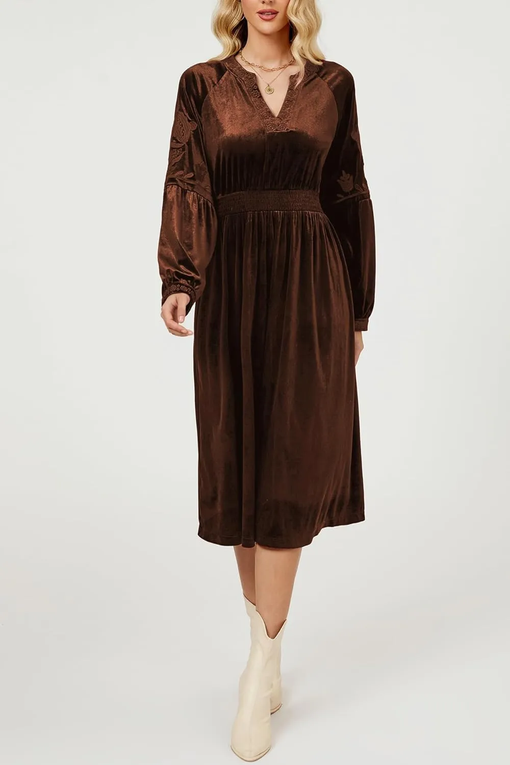 D-Sun Women's Velvet Maxi Dress Embroidered V Neck Floral Pattern Long Dresses Formal Long Cocktail Wedding Party Dresses