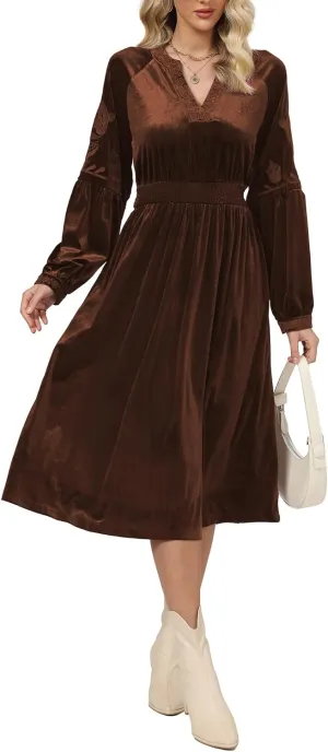 D-Sun Women's Velvet Maxi Dress Embroidered V Neck Floral Pattern Long Dresses Formal Long Cocktail Wedding Party Dresses