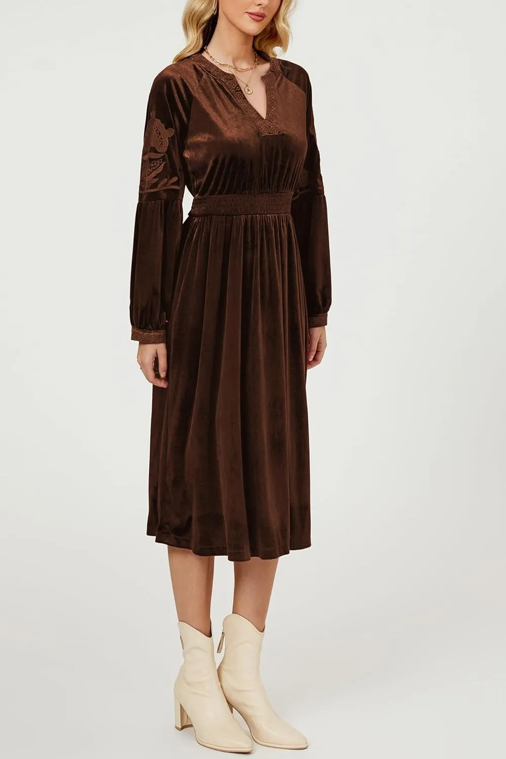 D-Sun Women's Velvet Maxi Dress Embroidered V Neck Floral Pattern Long Dresses Formal Long Cocktail Wedding Party Dresses