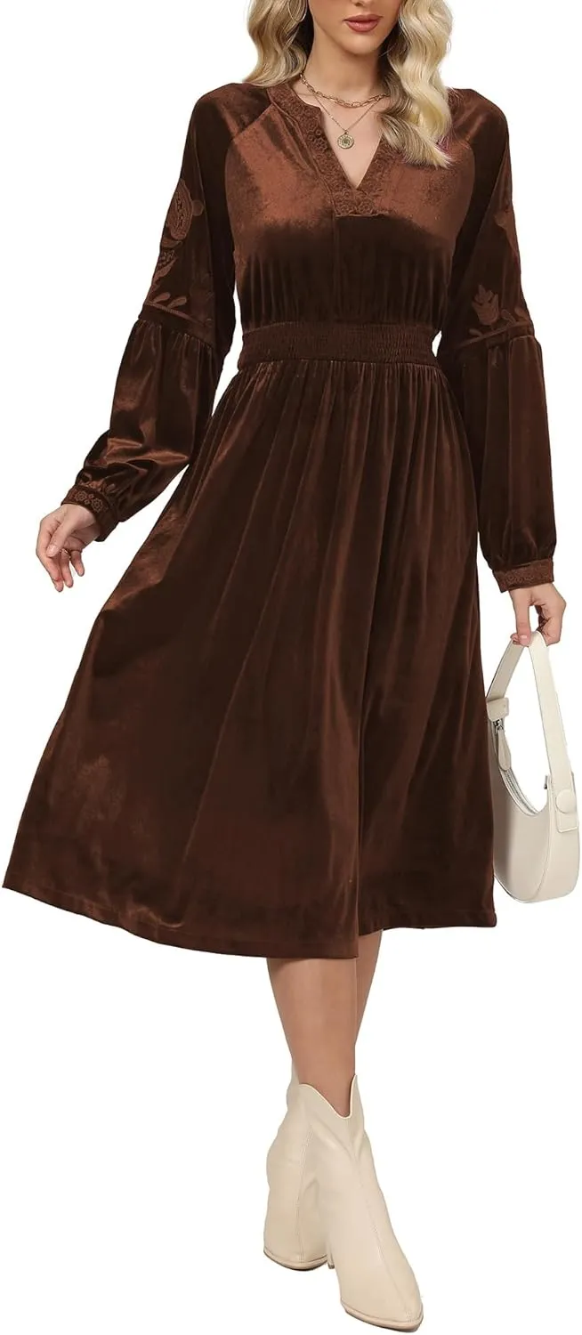 D-Sun Women's Velvet Maxi Dress Embroidered V Neck Floral Pattern Long Dresses Formal Long Cocktail Wedding Party Dresses