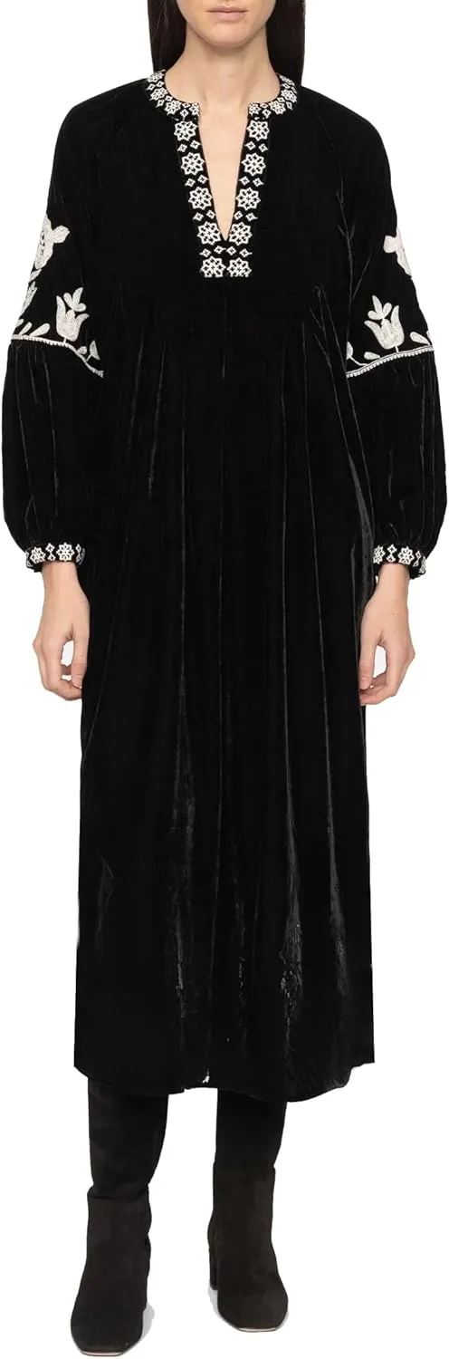 D-Sun Women's Velvet Maxi Dress Embroidered V Neck Floral Pattern Long Dresses Formal Long Cocktail Wedding Party Dresses