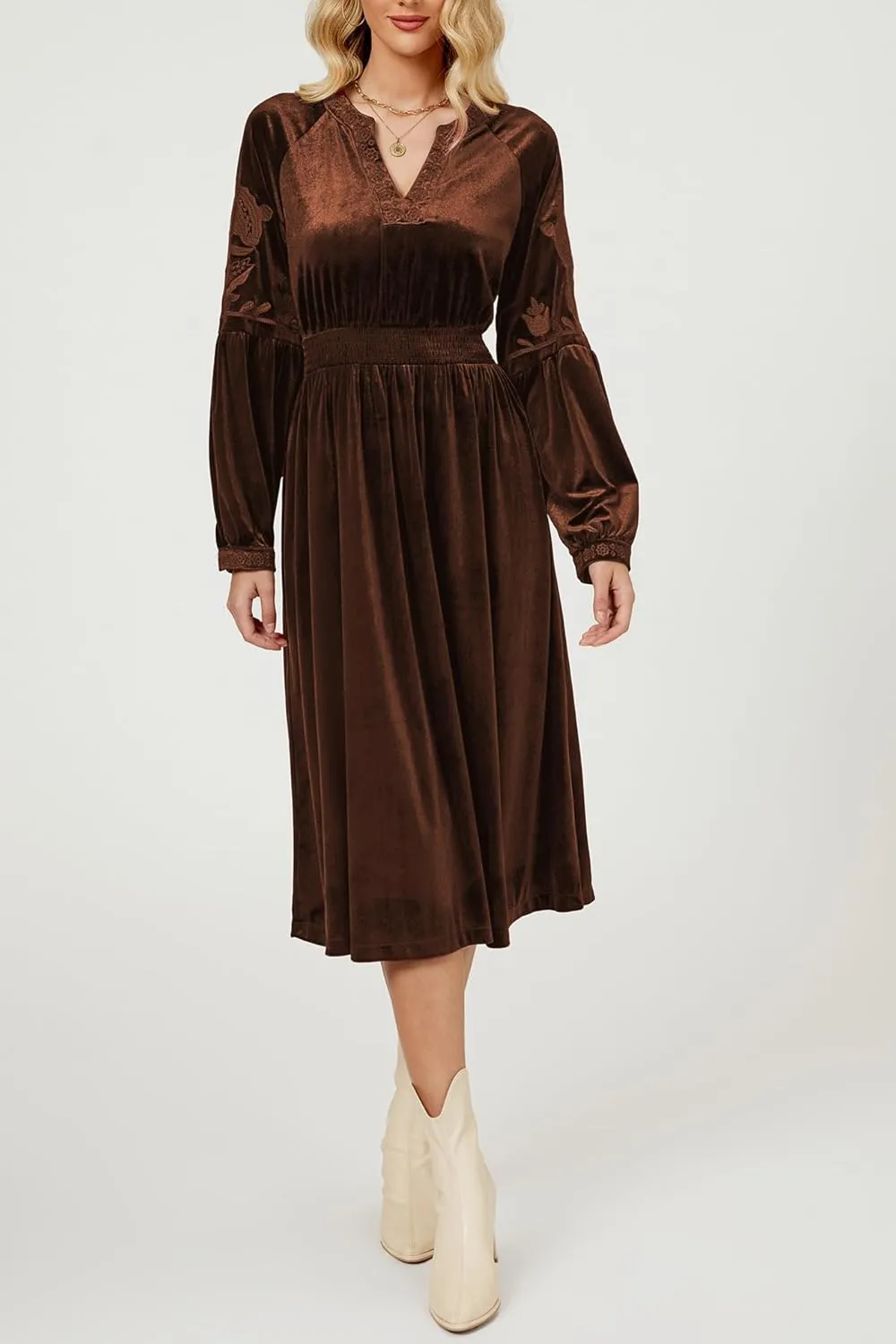 D-Sun Women's Velvet Maxi Dress Embroidered V Neck Floral Pattern Long Dresses Formal Long Cocktail Wedding Party Dresses