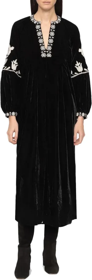 D-Sun Women's Velvet Maxi Dress Embroidered V Neck Floral Pattern Long Dresses Formal Long Cocktail Wedding Party Dresses