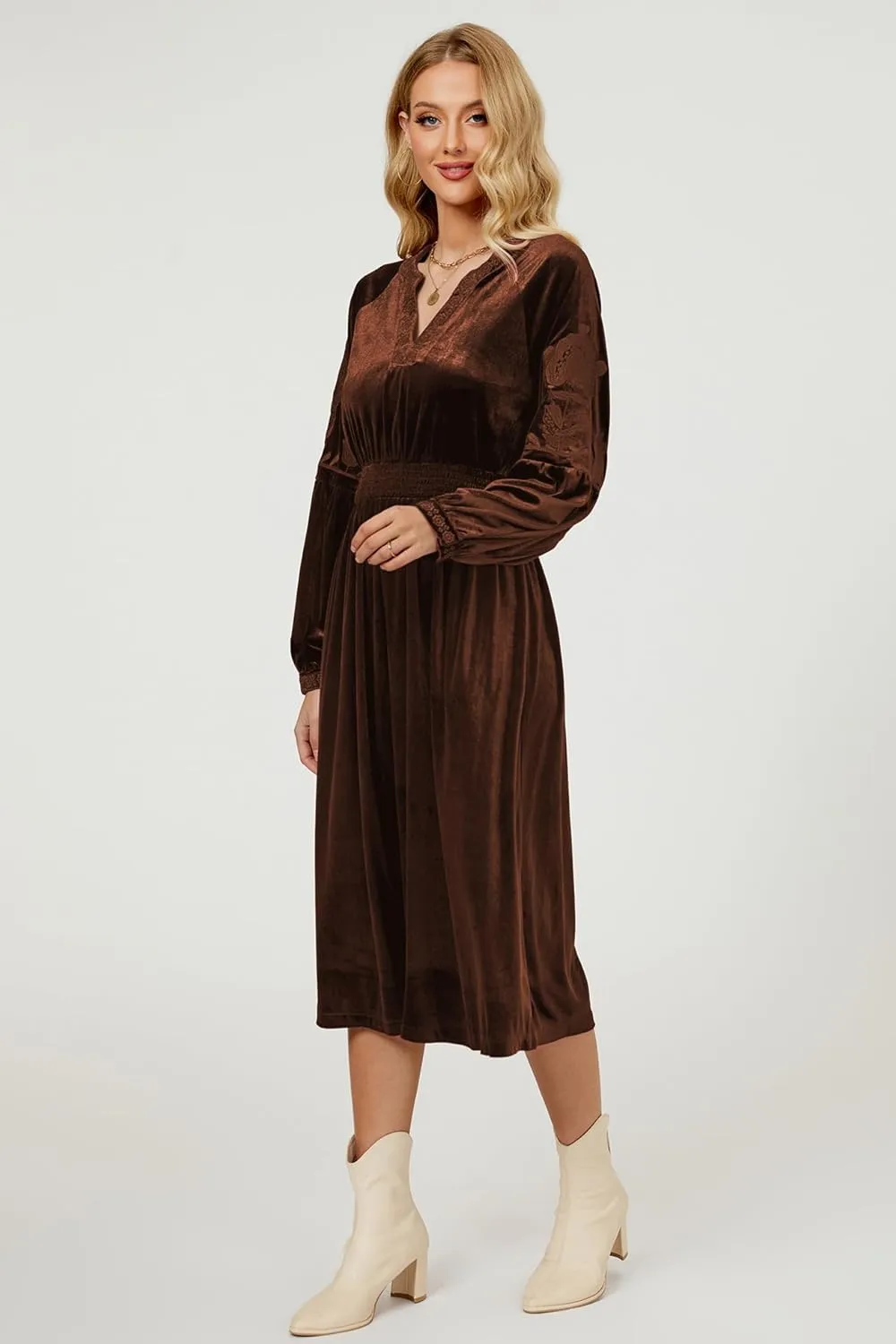 D-Sun Women's Velvet Maxi Dress Embroidered V Neck Floral Pattern Long Dresses Formal Long Cocktail Wedding Party Dresses