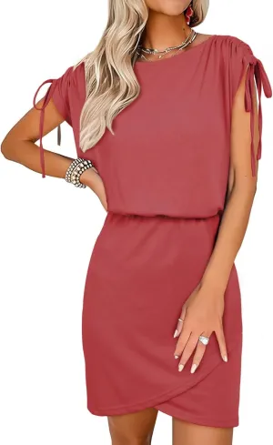 Dokotoo Womens 2024 Summer Dress Drawstring Cap Sleeve Crew Neck Wrap Bodycon Dresses Mini Short Dress