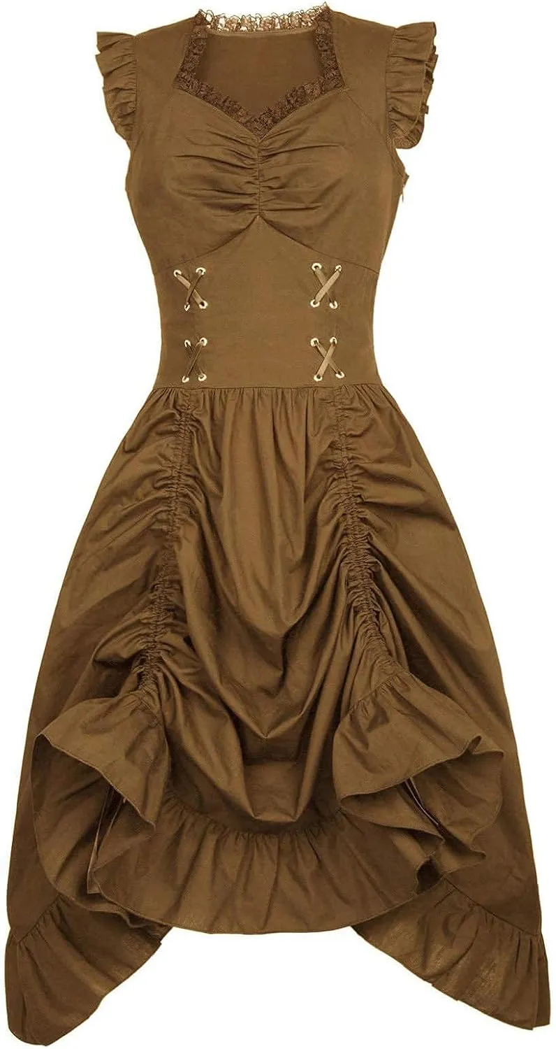 Elegant Dress for Women Lace Trim Sweetheart Neck Dresses Lace Up Back Drawstring Irregular High-Low Ruffle Hem Dress