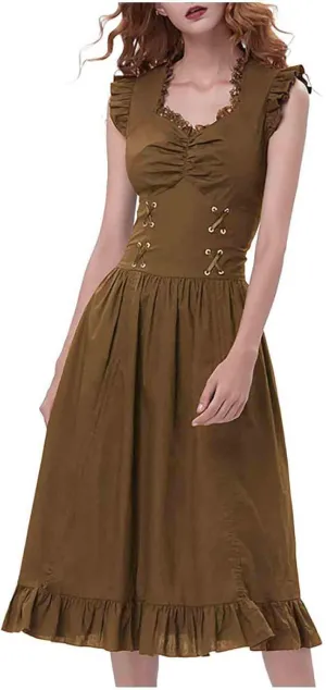 Elegant Dress for Women Lace Trim Sweetheart Neck Dresses Lace Up Back Drawstring Irregular High-Low Ruffle Hem Dress
