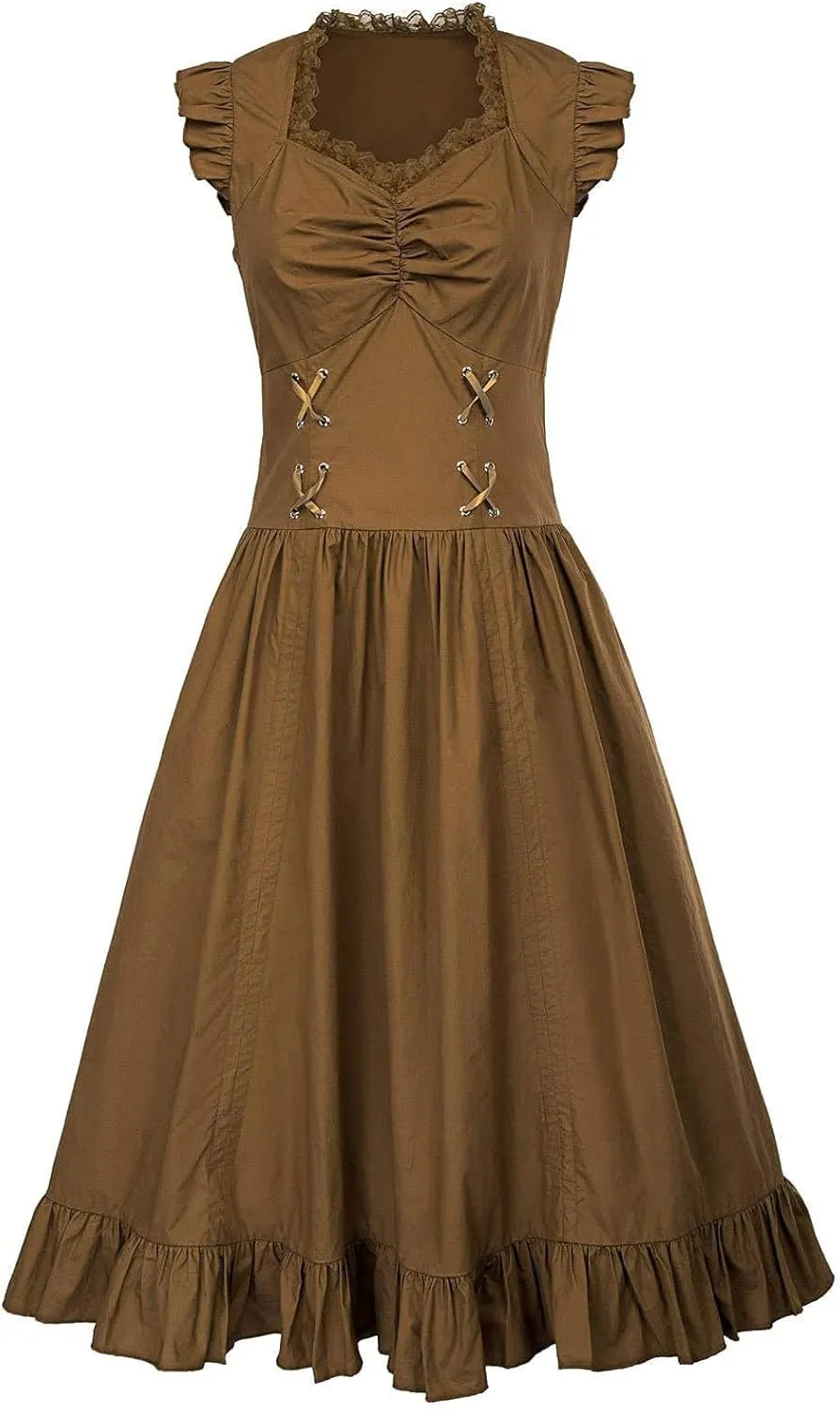 Elegant Dress for Women Lace Trim Sweetheart Neck Dresses Lace Up Back Drawstring Irregular High-Low Ruffle Hem Dress