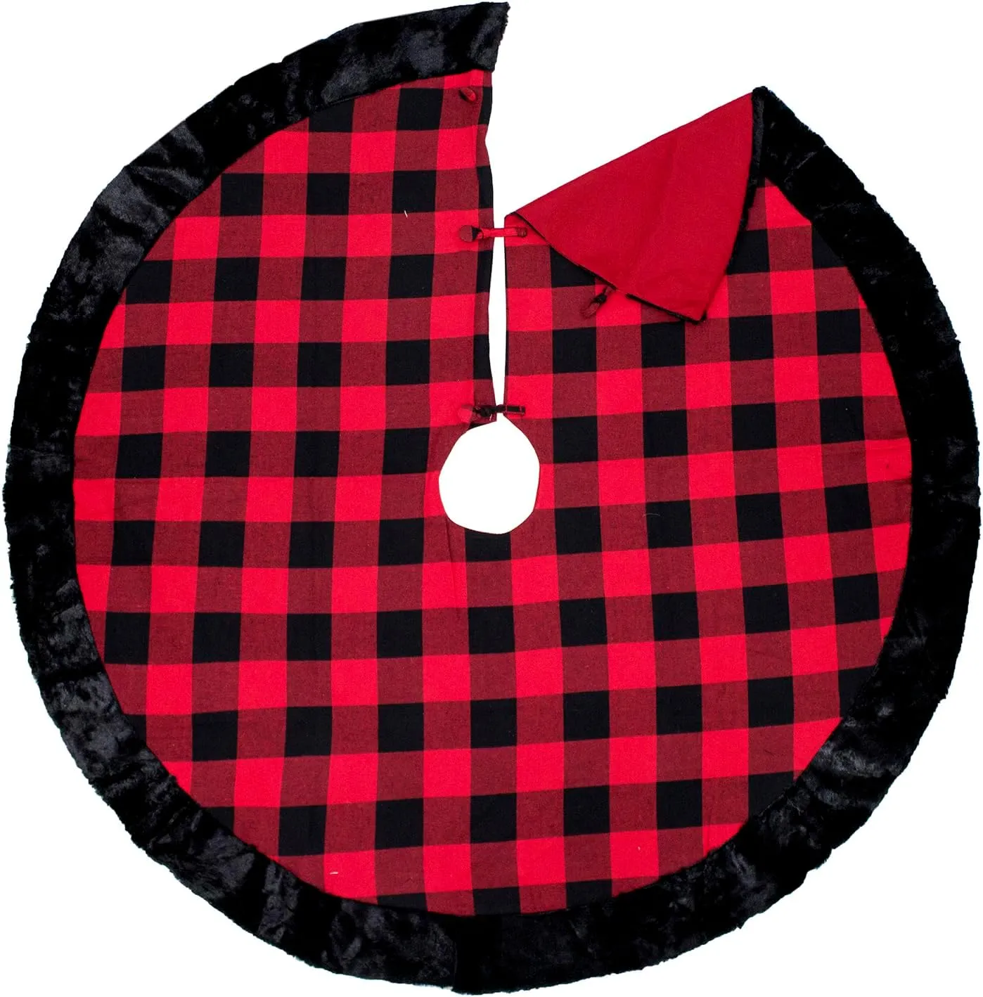 Fennco Styles Red & Black Buffalo Plaid Design Christmas Tree Skirt with Black Faux Fur Border 53" Round - Festive Tree Skirt for Home, Winter Holidays, Office, School Dcor