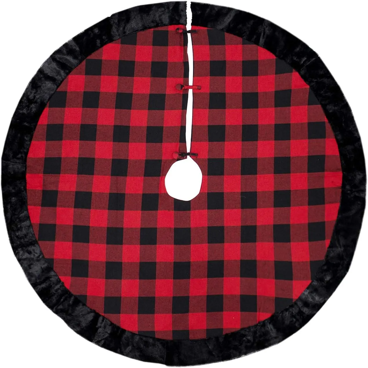 Fennco Styles Red & Black Buffalo Plaid Design Christmas Tree Skirt with Black Faux Fur Border 53" Round - Festive Tree Skirt for Home, Winter Holidays, Office, School Dcor