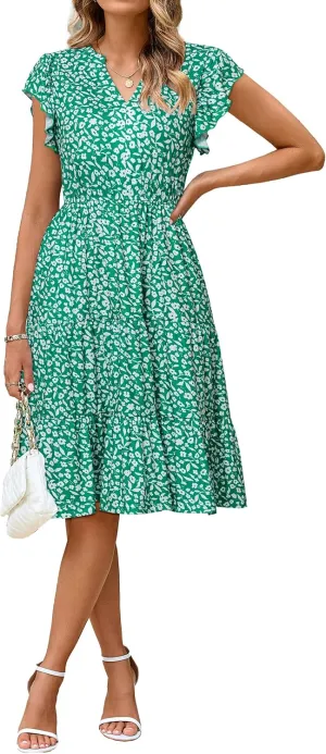 Glamaker Floral Tiered Midi Sundress Casual Summer V Neck Flutter Sleeve Striped Sun Dress with Pockets