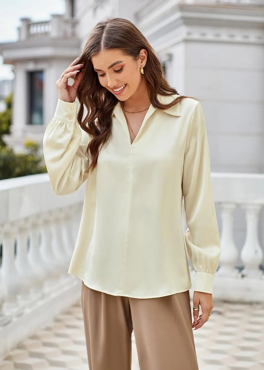 GRACE KARIN Women's Satin Silk Blouse Lapel V Neck Long Sleeve Casual Work Blouse Shirts Pullover Tops