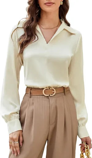 GRACE KARIN Women's Satin Silk Blouse Lapel V Neck Long Sleeve Casual Work Blouse Shirts Pullover Tops