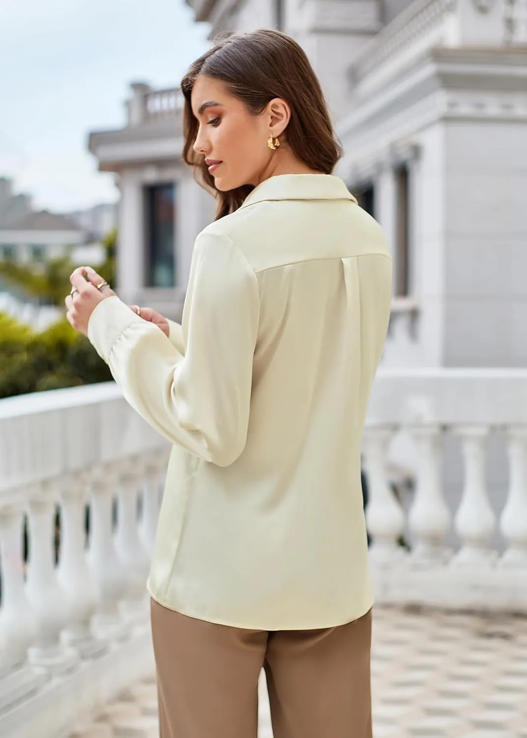 GRACE KARIN Women's Satin Silk Blouse Lapel V Neck Long Sleeve Casual Work Blouse Shirts Pullover Tops