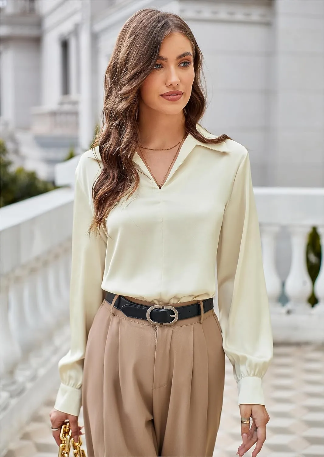 GRACE KARIN Women's Satin Silk Blouse Lapel V Neck Long Sleeve Casual Work Blouse Shirts Pullover Tops