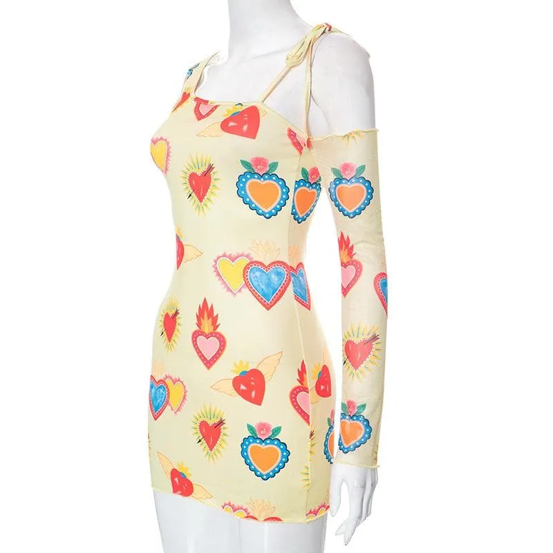 Heart print contrast irregular long sleeve mesh mini dress