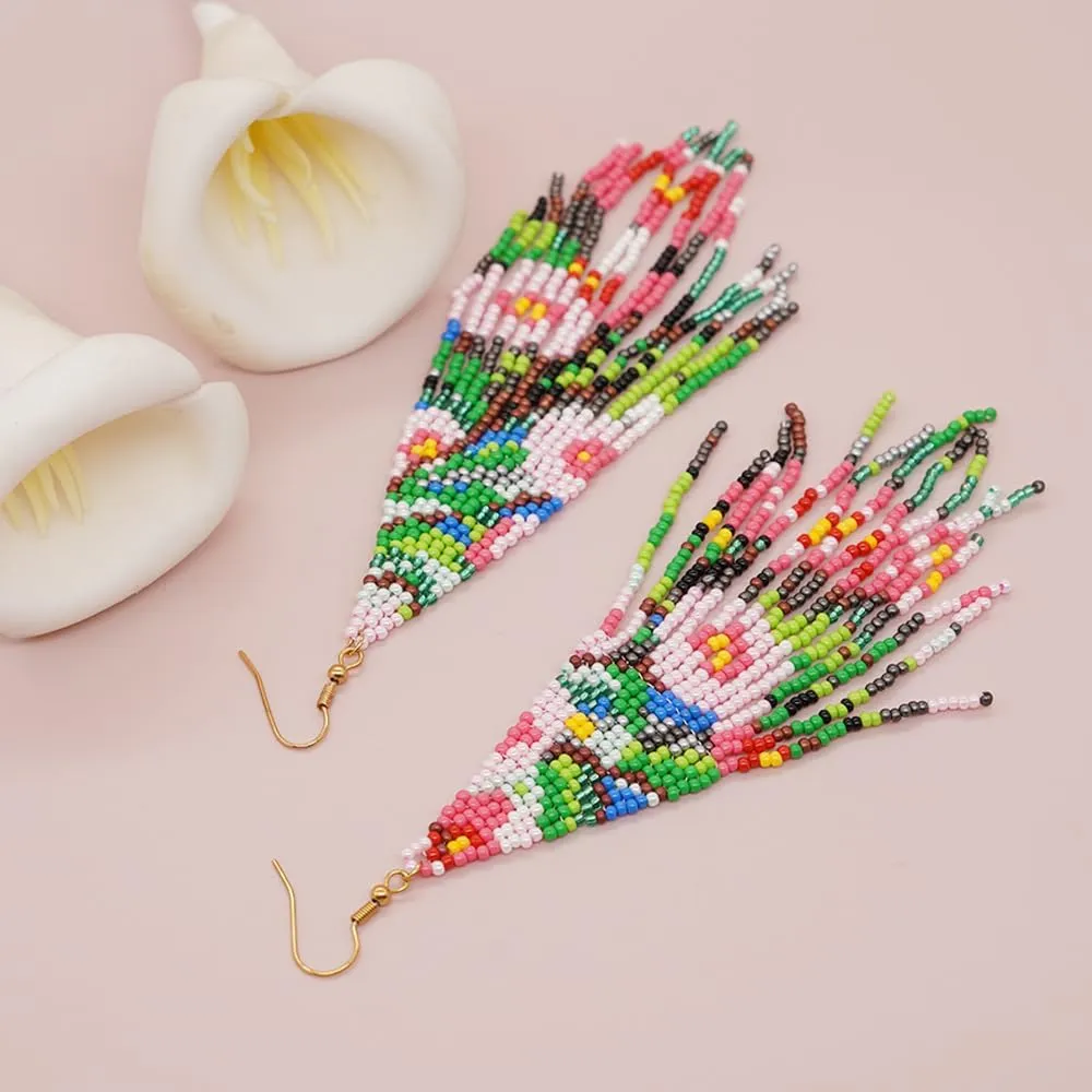 JeanBeau Seed Beads Tassel Earrings for Women Teen,Long Boho Handmade Colorful Beaded Dangle Drop Fringe Dangling Bohemian Accessories Summer Prom Party Jewelry Gift