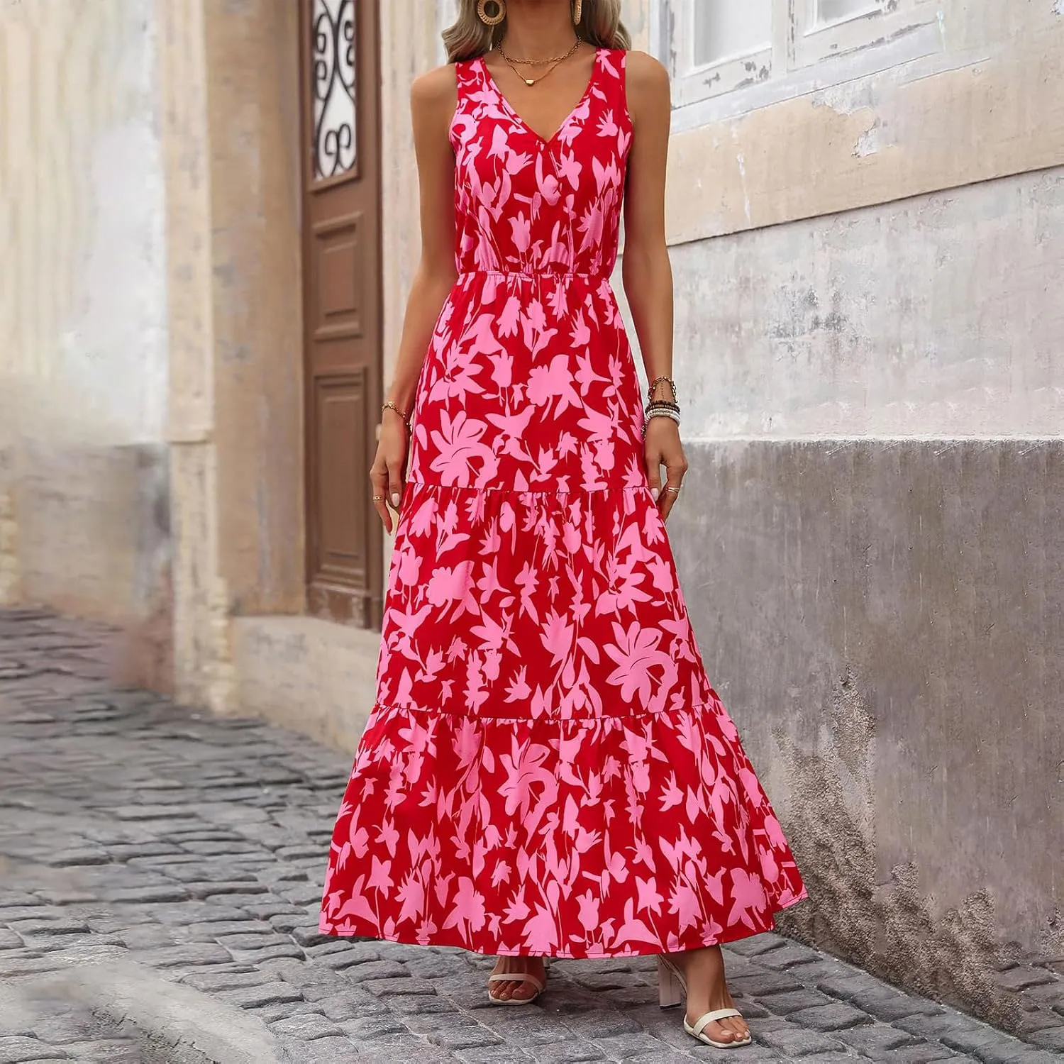 JJHAEVDY Womens Dresses V Neck High Waist Sundresses Floral Print Tiered Dresses Sleeveless Long Sundresses Summer Boho Dress