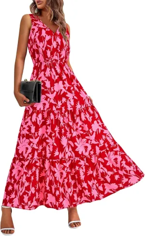 JJHAEVDY Womens Dresses V Neck High Waist Sundresses Floral Print Tiered Dresses Sleeveless Long Sundresses Summer Boho Dress