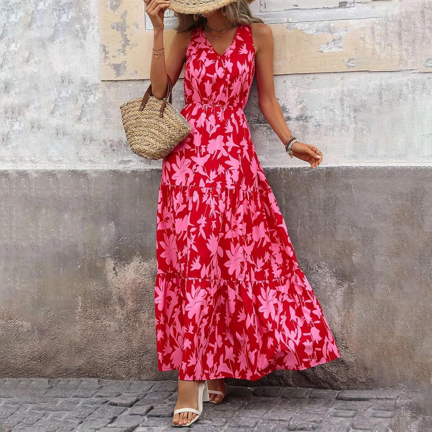 JJHAEVDY Womens Dresses V Neck High Waist Sundresses Floral Print Tiered Dresses Sleeveless Long Sundresses Summer Boho Dress