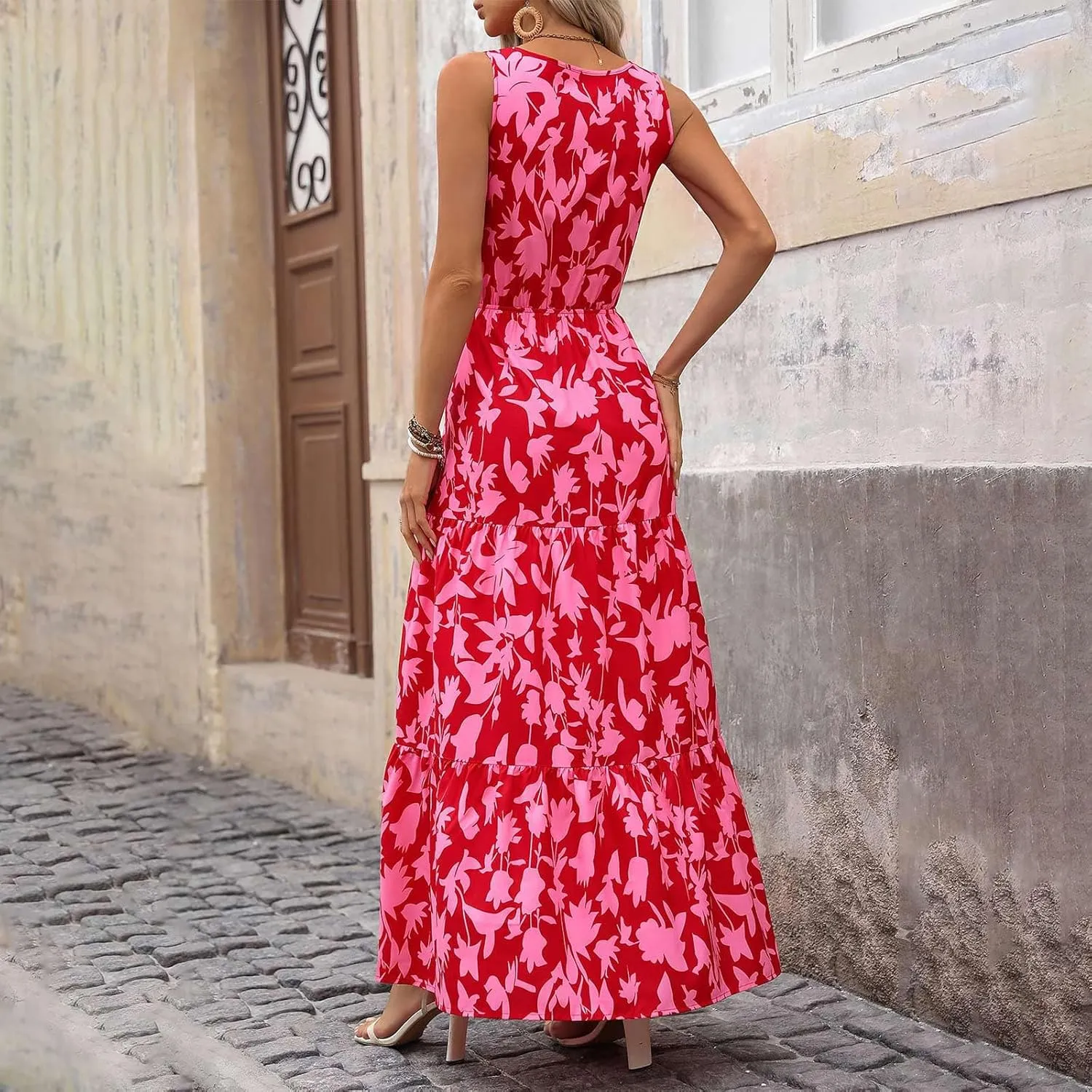 JJHAEVDY Womens Dresses V Neck High Waist Sundresses Floral Print Tiered Dresses Sleeveless Long Sundresses Summer Boho Dress