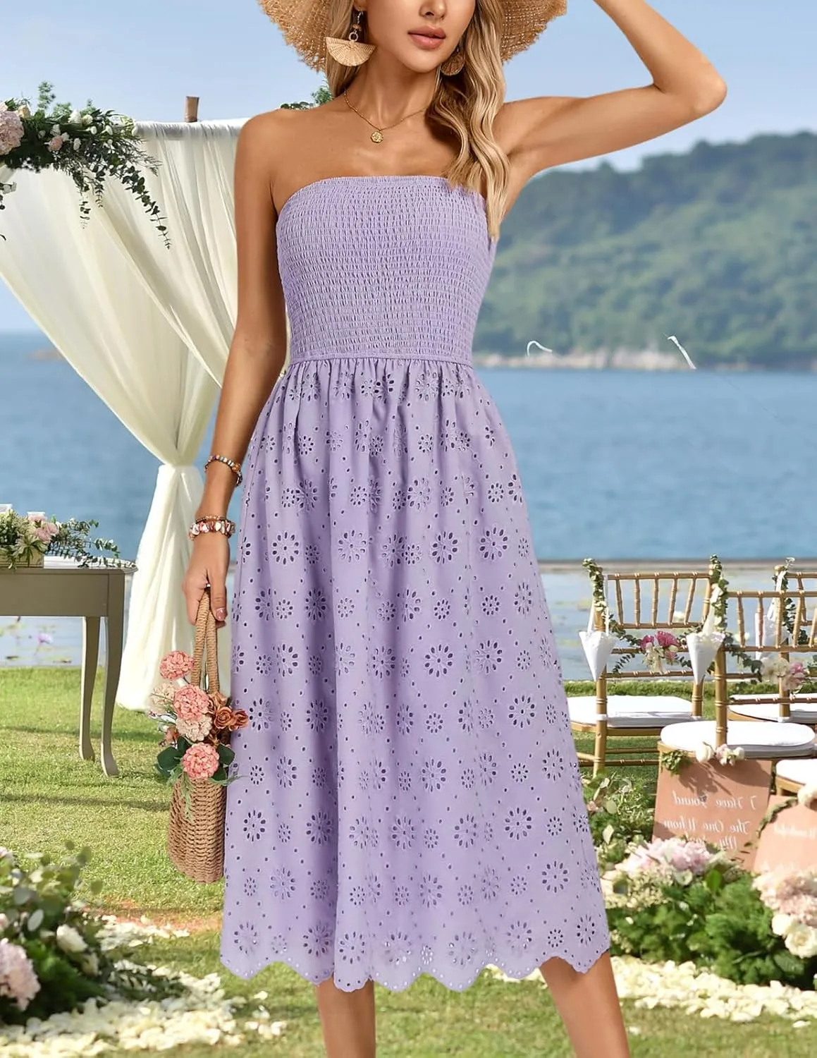 Kate Kasin Women's Summer Strapless Dress Off Shoulder Smocked Casual A Line Eyelet Beach Wedding Guest Midi Dress