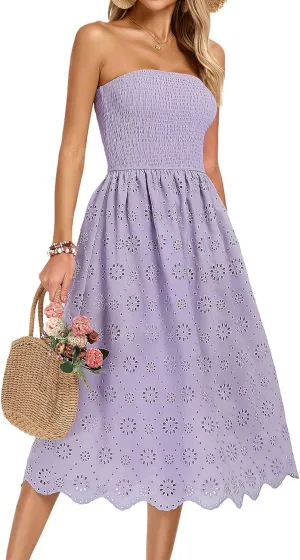 Kate Kasin Women's Summer Strapless Dress Off Shoulder Smocked Casual A Line Eyelet Beach Wedding Guest Midi Dress