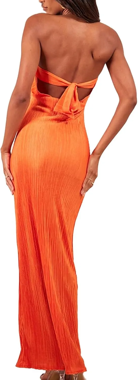KMBANGI Womens Pink Floral Pleated Tube Maxi Dress Sleeveless Off Shoulder Strapless Backless Party Dress S, M, L, XL