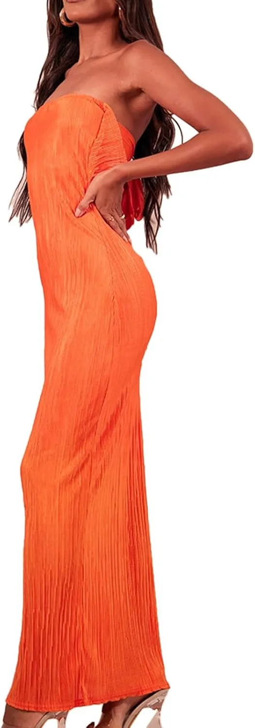 KMBANGI Womens Pink Floral Pleated Tube Maxi Dress Sleeveless Off Shoulder Strapless Backless Party Dress S, M, L, XL