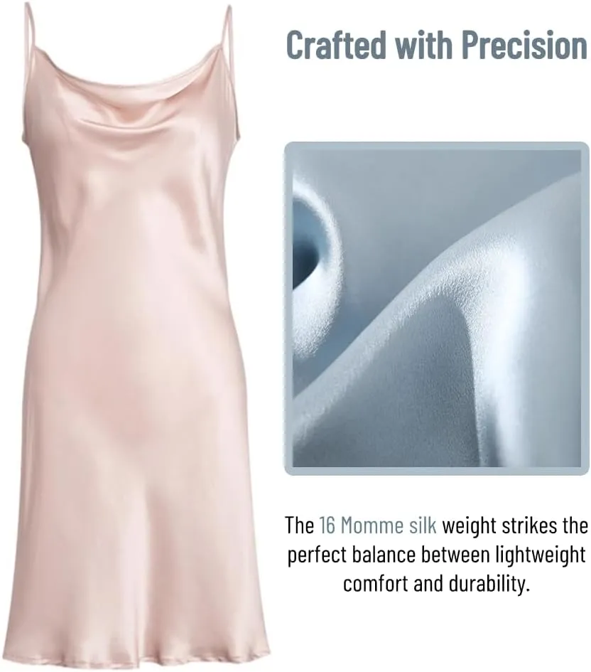 LilRoot Women Cowl Neck Silk Satin Slip Dress Nightgown Elegant Pure Mulberry Silk Straps Chemise Nightwear Gift for Her