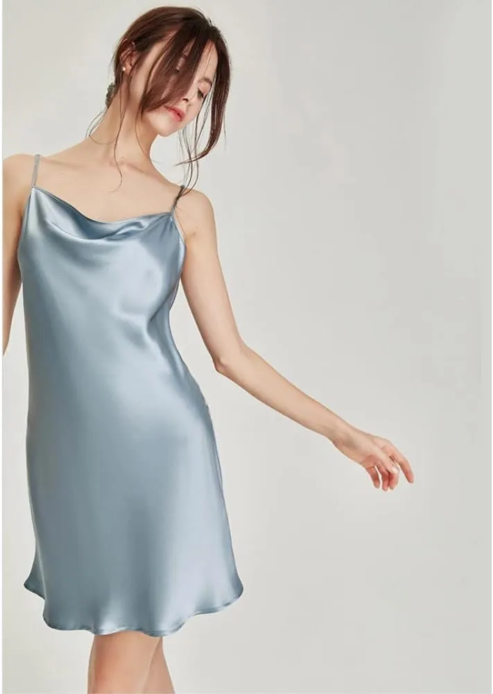 LilRoot Women Cowl Neck Silk Satin Slip Dress Nightgown Elegant Pure Mulberry Silk Straps Chemise Nightwear Gift for Her