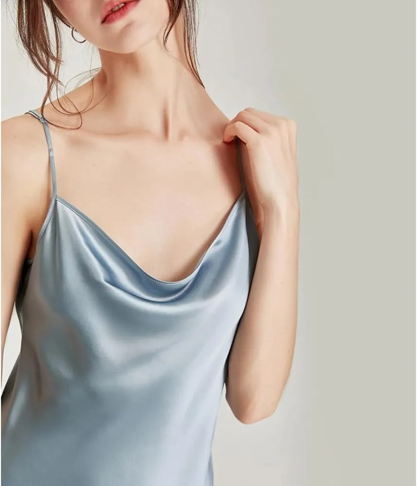 LilRoot Women Cowl Neck Silk Satin Slip Dress Nightgown Elegant Pure Mulberry Silk Straps Chemise Nightwear Gift for Her