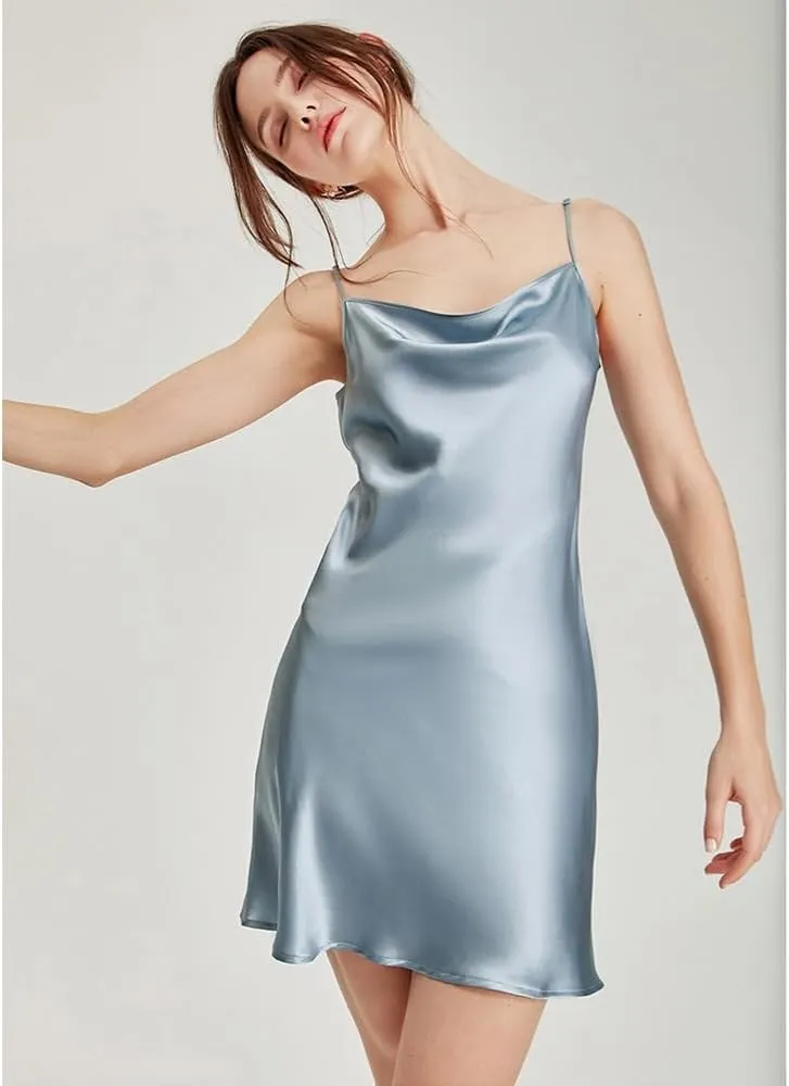 LilRoot Women Cowl Neck Silk Satin Slip Dress Nightgown Elegant Pure Mulberry Silk Straps Chemise Nightwear Gift for Her