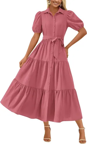 MASCOMODA Womens Summer Dresses 2025 Short Sleeve Maxi Dress Casual V Neck Button Down Tiered A Line Flowy Midi Shirt Dress