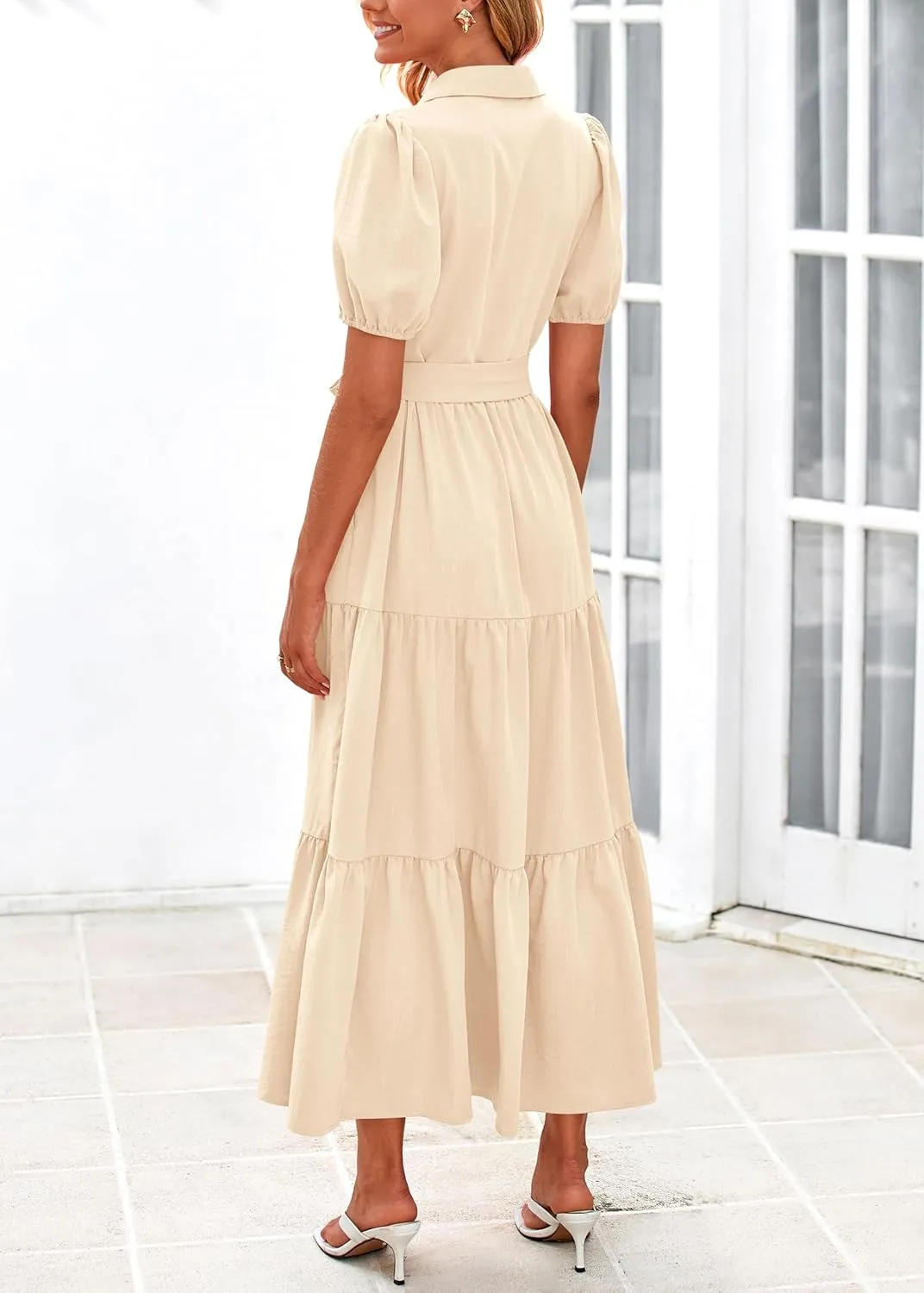 MASCOMODA Womens Summer Dresses 2025 Short Sleeve Maxi Dress Casual V Neck Button Down Tiered A Line Flowy Midi Shirt Dress