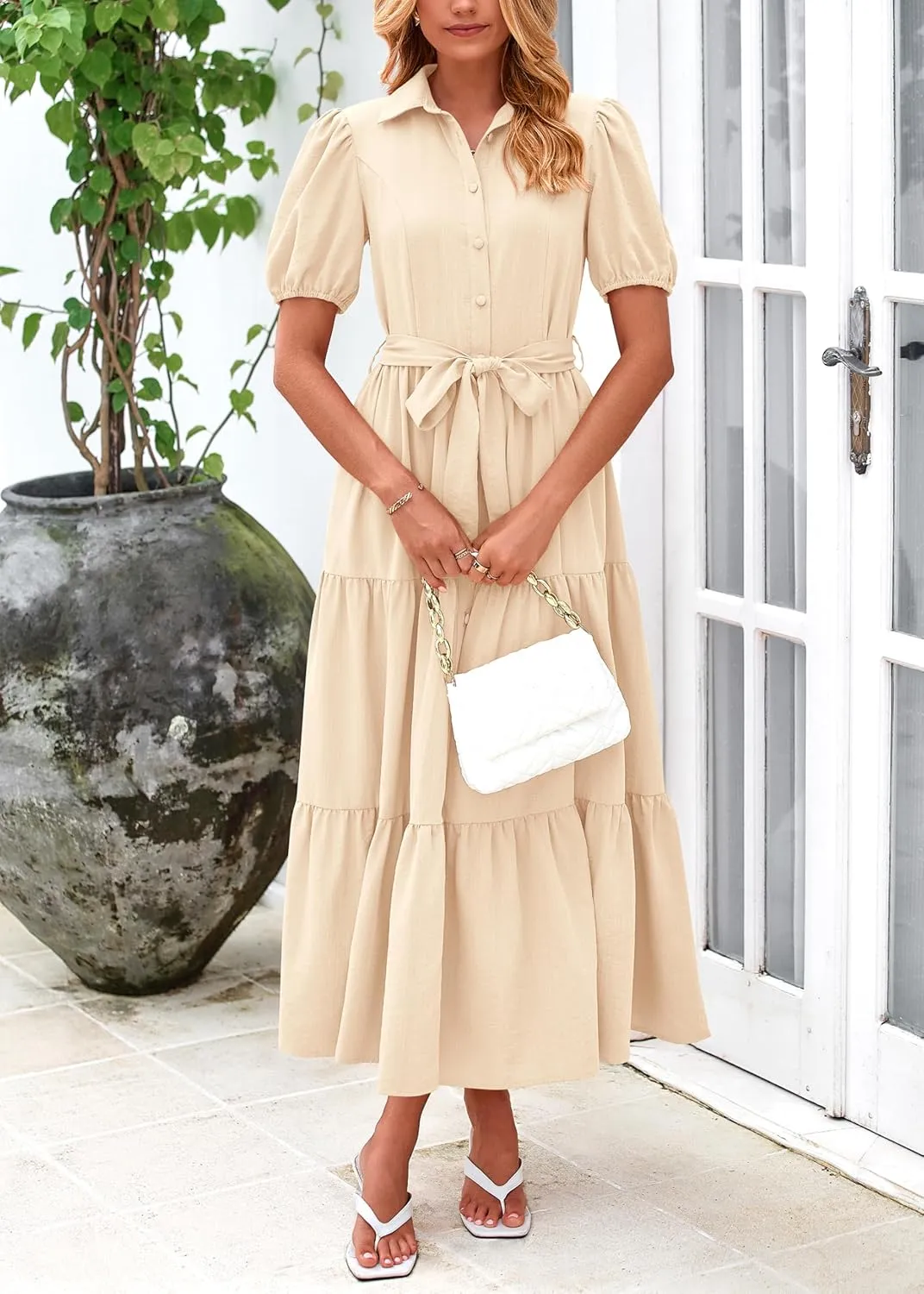 MASCOMODA Womens Summer Dresses 2025 Short Sleeve Maxi Dress Casual V Neck Button Down Tiered A Line Flowy Midi Shirt Dress