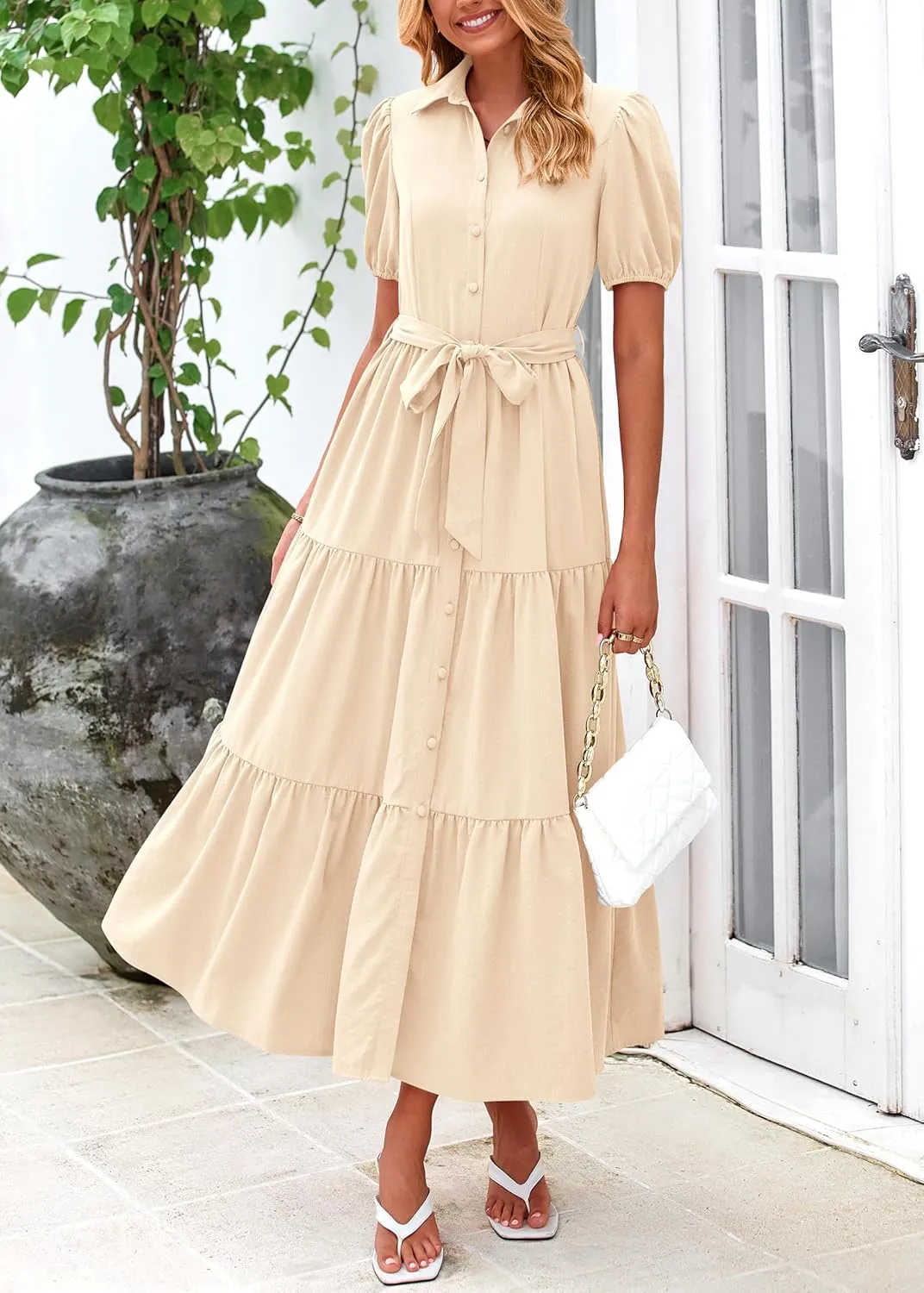 MASCOMODA Womens Summer Dresses 2025 Short Sleeve Maxi Dress Casual V Neck Button Down Tiered A Line Flowy Midi Shirt Dress